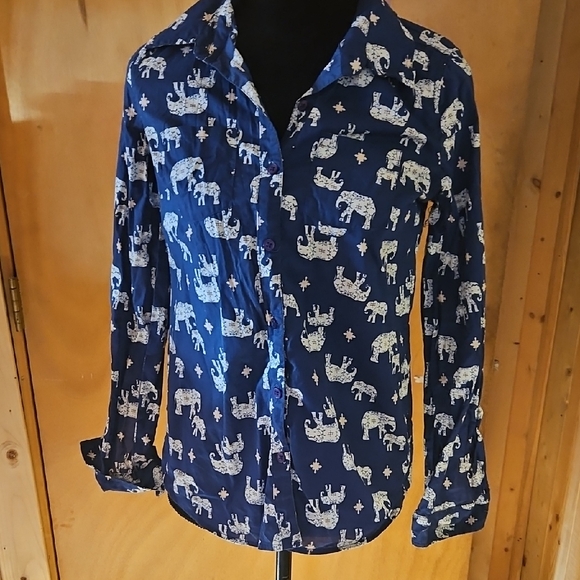 Red Camel Tops - Red Camel Blue Elephant Print Button Down Shirt